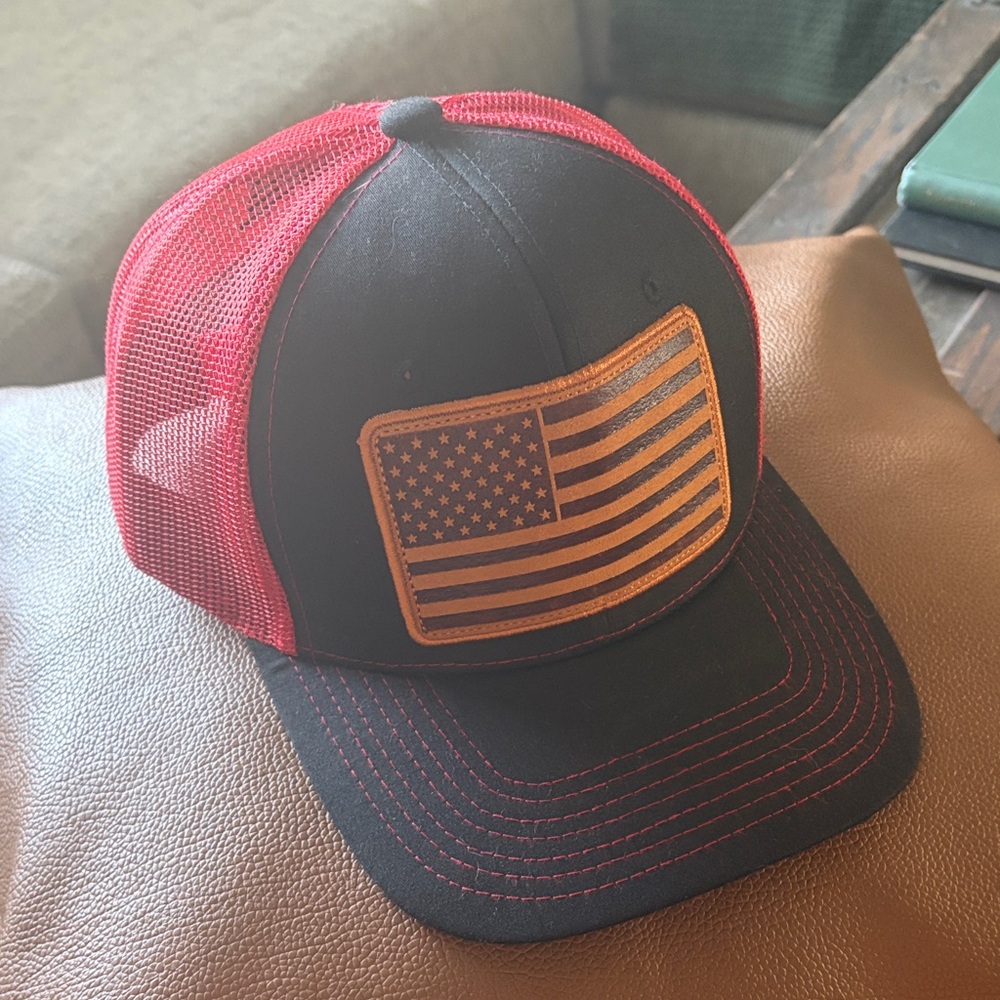 Black and Red Trucker Hat with American Flag Patch